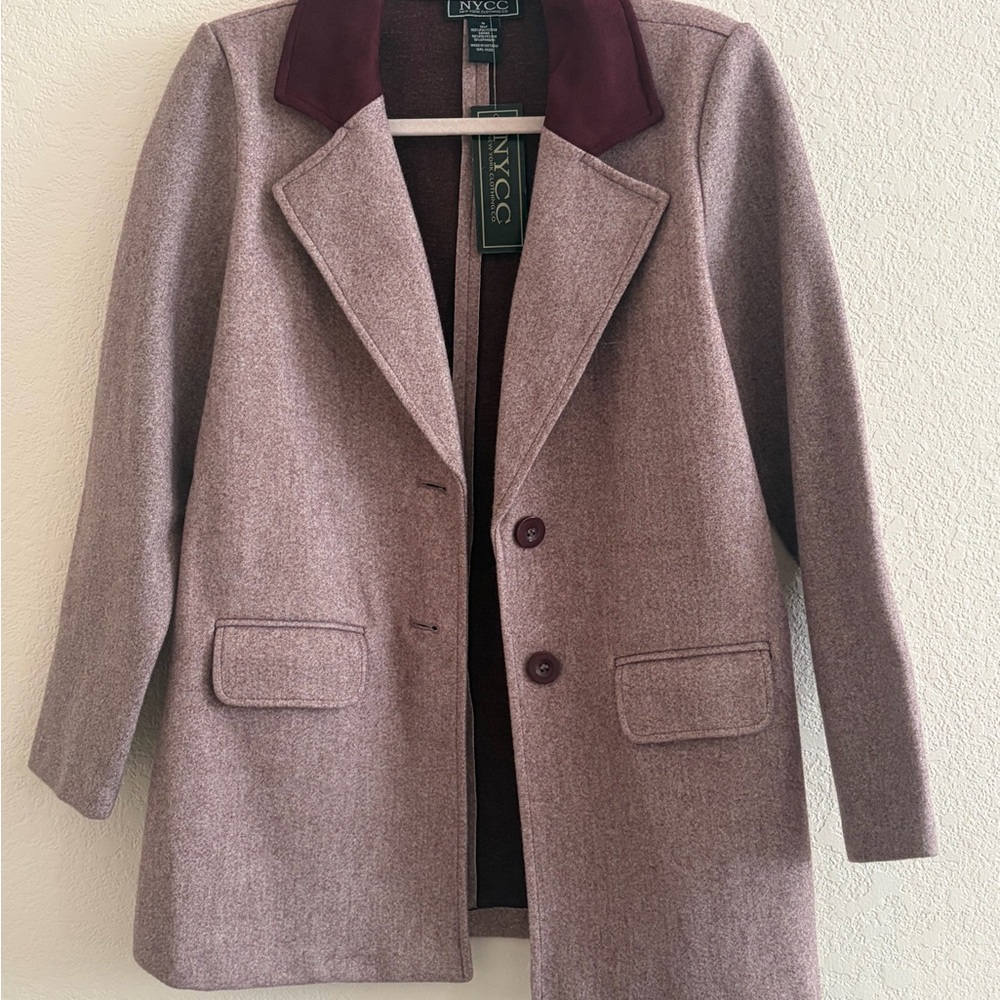 NYC Women's Dusty Mauve Wool Pea Coat with Burgundy Collar